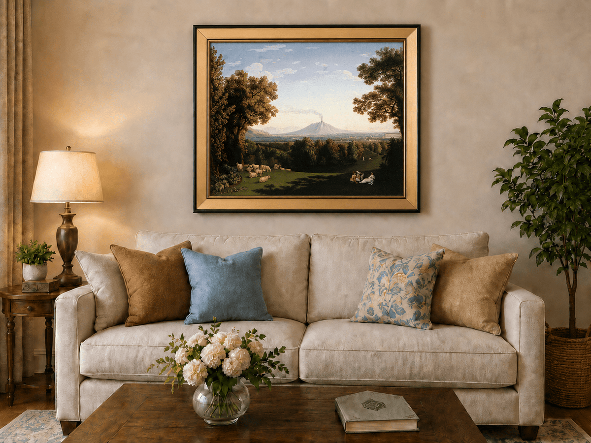 Landscape Oil Painting - Pastoral Sheep & Distant Volcano