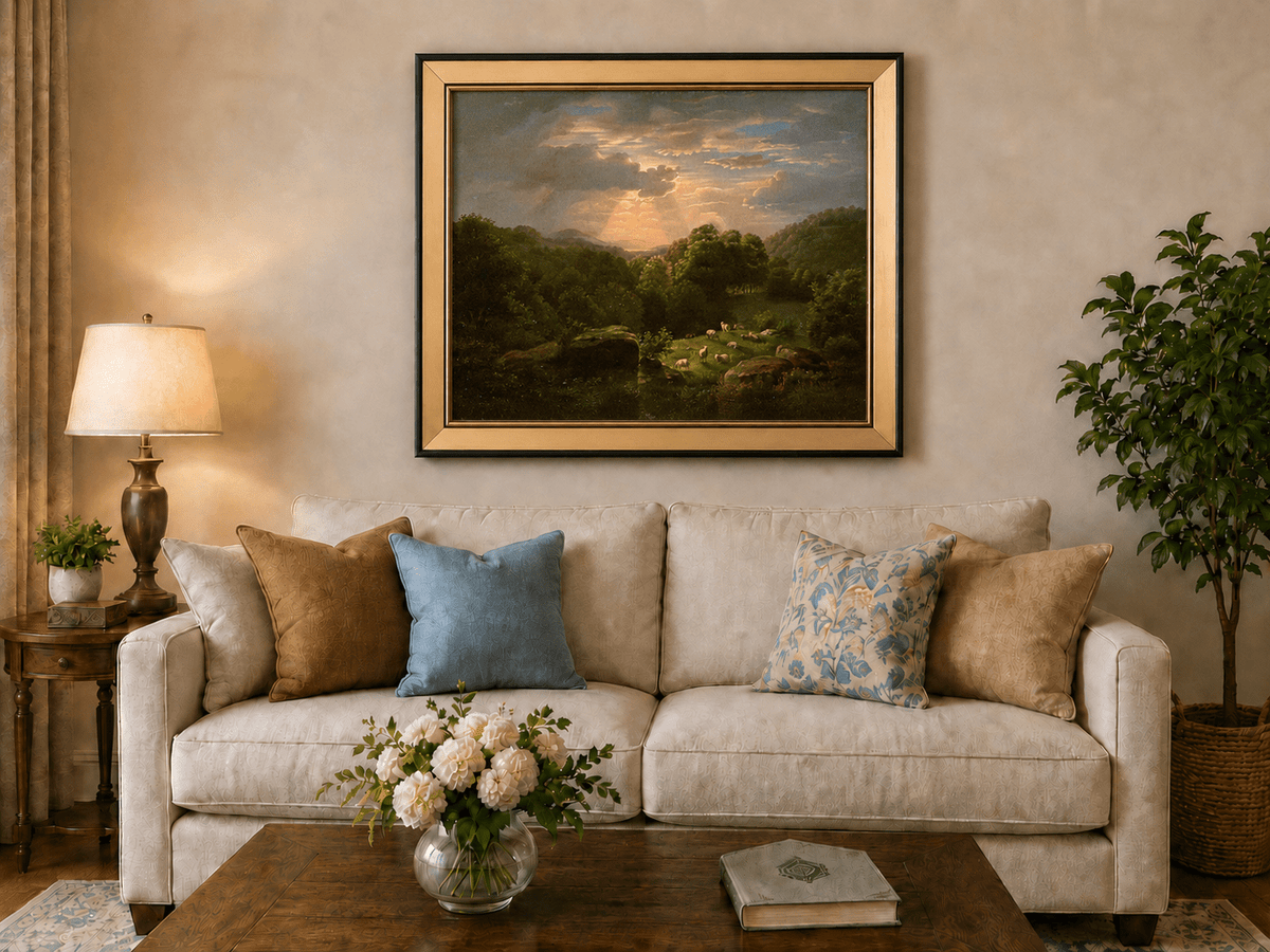 Peinture à l'huile de paysage - Village côtier avec phare et coucher de soleil