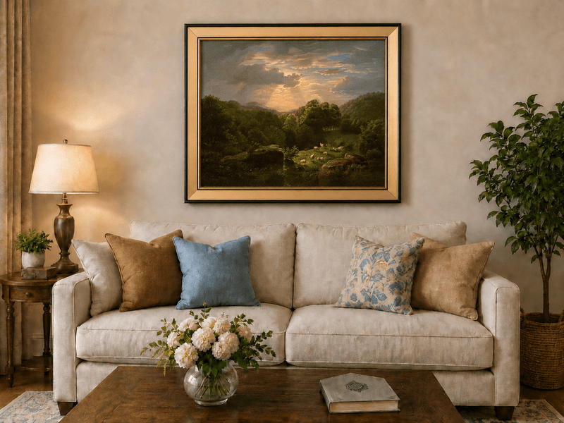 Peinture à l'huile de paysage - Village côtier avec phare et coucher de soleil