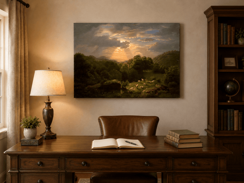 Peinture à l'huile de paysage - Village côtier avec phare et coucher de soleil