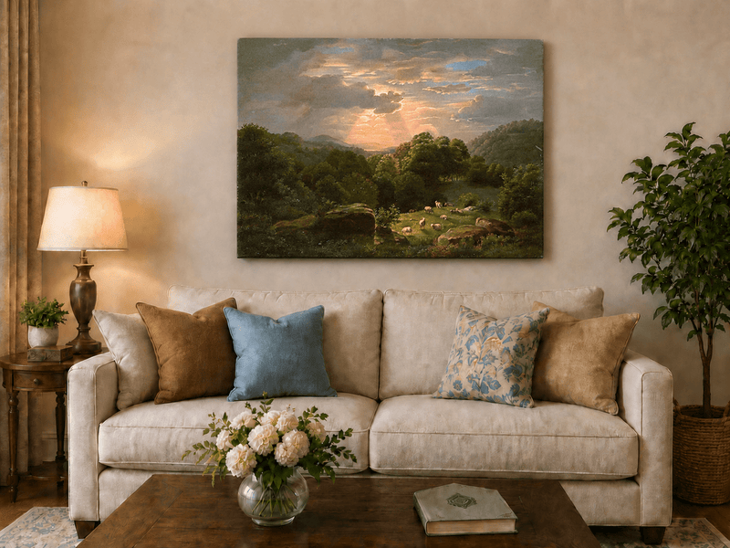 Peinture à l'huile de paysage - Village côtier avec phare et coucher de soleil