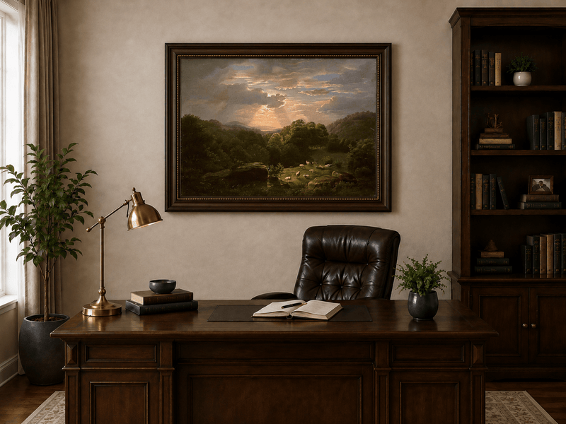 Peinture à l'huile de paysage - Village côtier avec phare et coucher de soleil