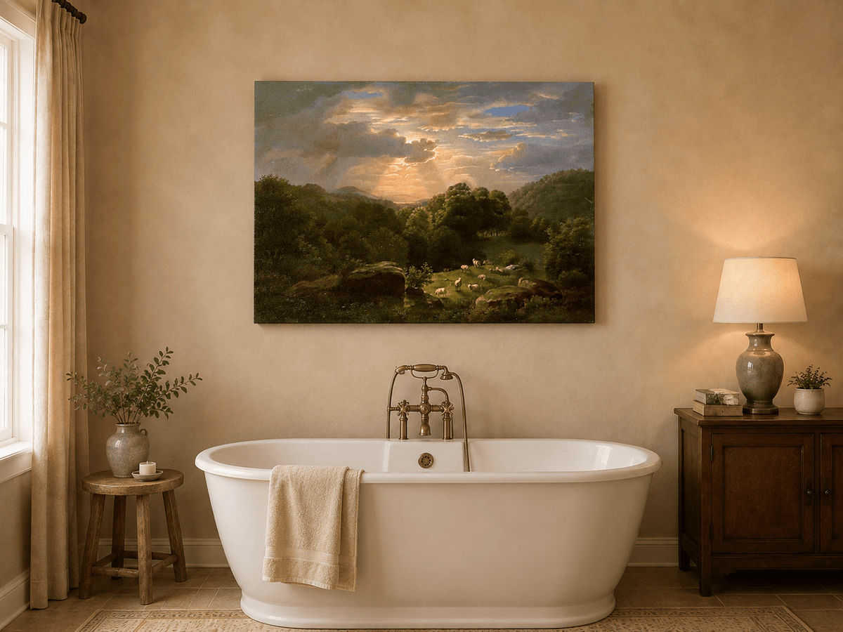 Peinture à l'huile de paysage - Village côtier avec phare et coucher de soleil
