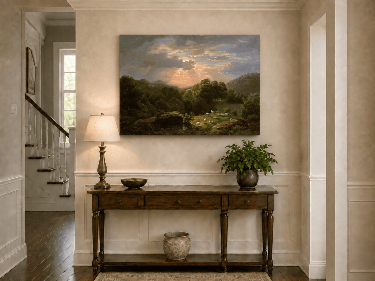 Peinture à l'huile de paysage - Village côtier avec phare et coucher de soleil