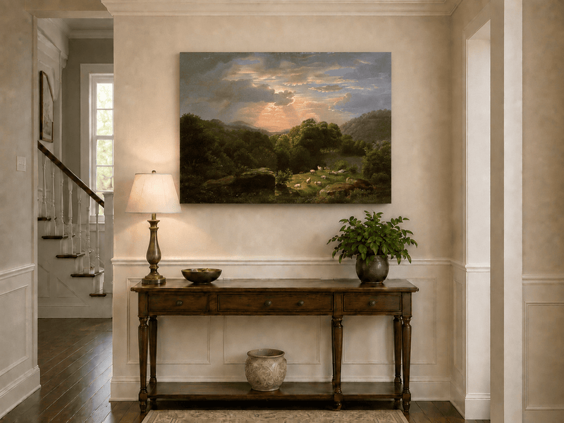 Peinture à l'huile de paysage - Village côtier avec phare et coucher de soleil