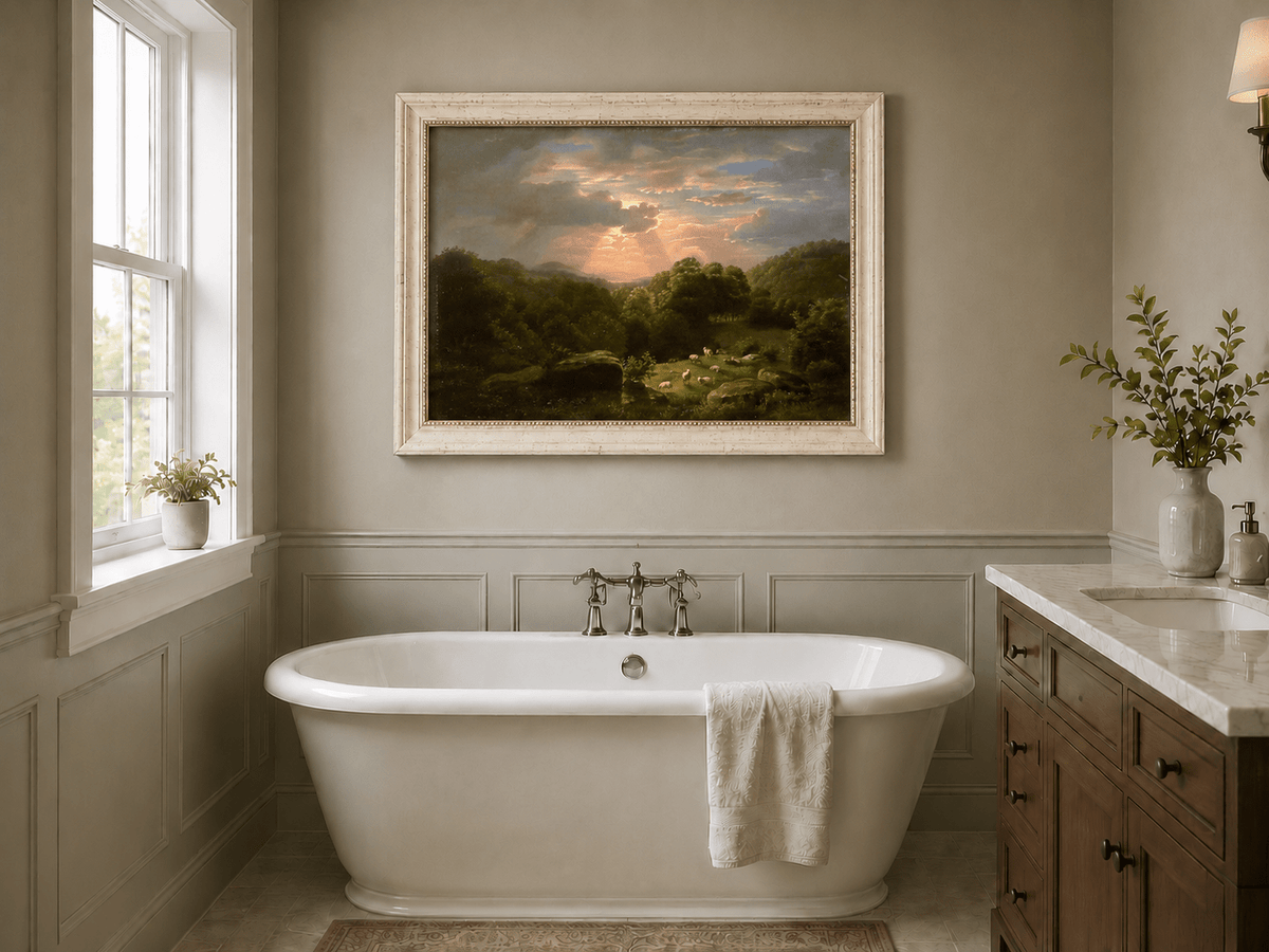 Peinture à l'huile de paysage - Village côtier avec phare et coucher de soleil