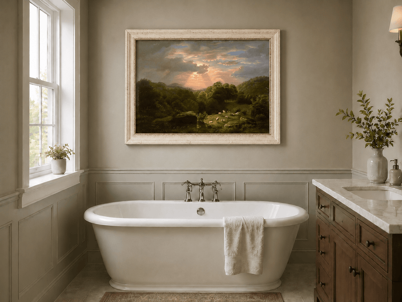 Peinture à l'huile de paysage - Village côtier avec phare et coucher de soleil