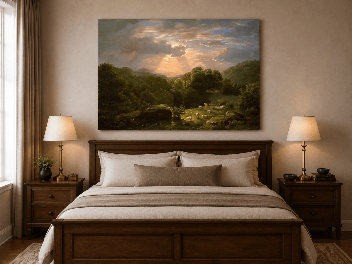 Peinture à l'huile de paysage - Village côtier avec phare et coucher de soleil
