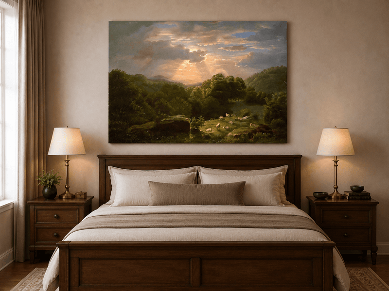 Peinture à l'huile de paysage - Village côtier avec phare et coucher de soleil