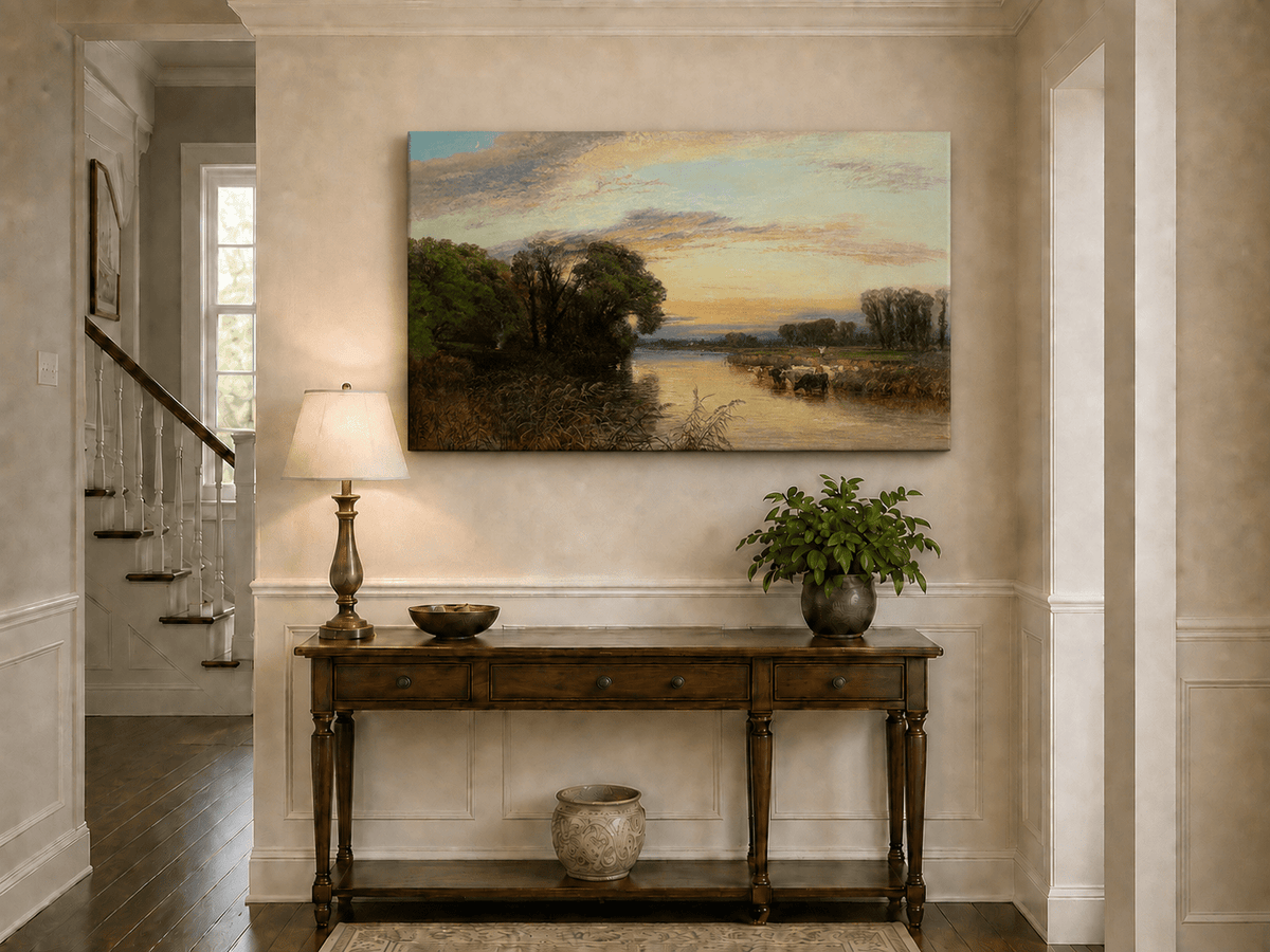 Peinture à l'huile de paysage - Gouffre rocheux spectaculaire avec personnages