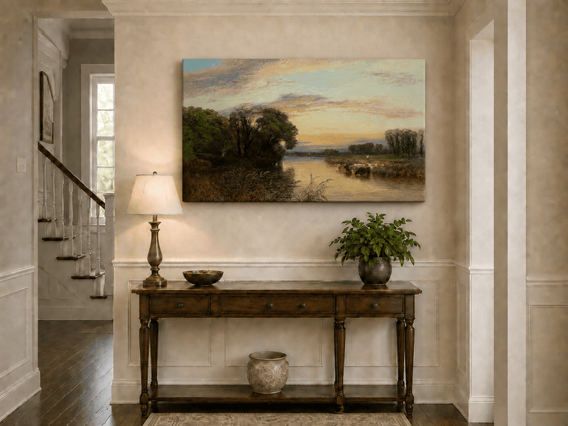 Peinture à l'huile de paysage - Gouffre rocheux spectaculaire avec personnages