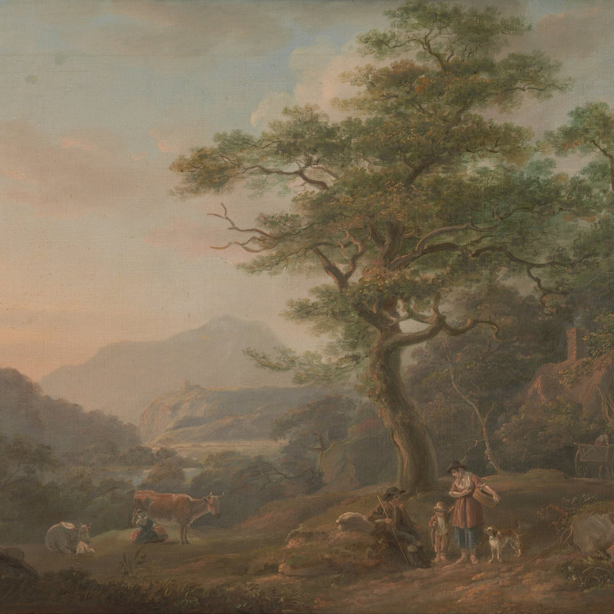 Hand-painted pastoral valley landscape with figures oil painting on canvas