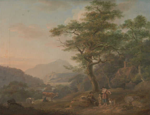Hand-painted pastoral valley landscape with figures oil painting on canvas