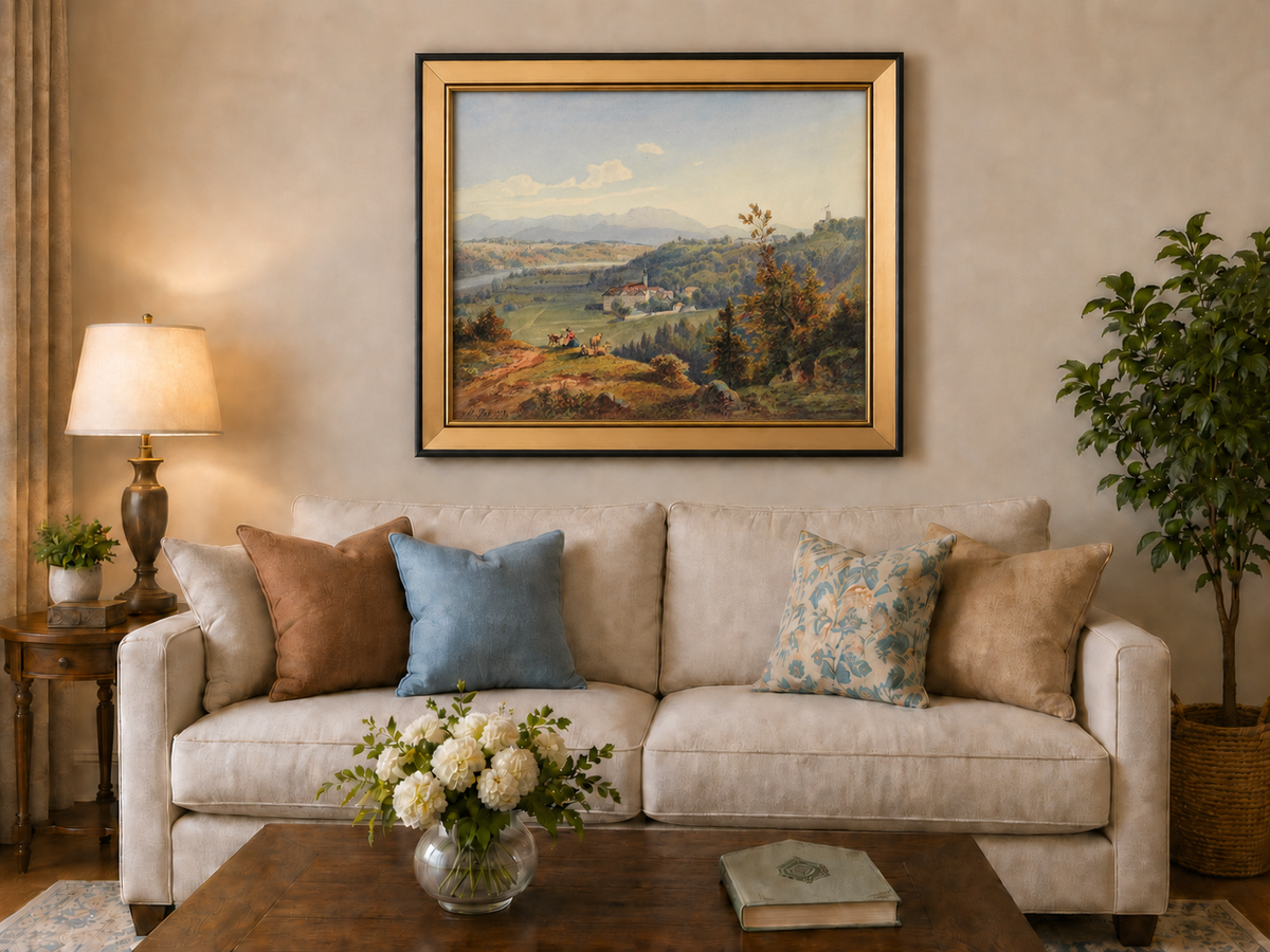 Hand-painted Pastoral Valley Monastery Mountain View landscape oil painting displayed as wall art in a styled interior