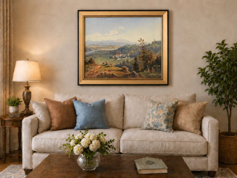 Hand-painted Pastoral Valley Monastery Mountain View landscape oil painting displayed as wall art in a styled interior
