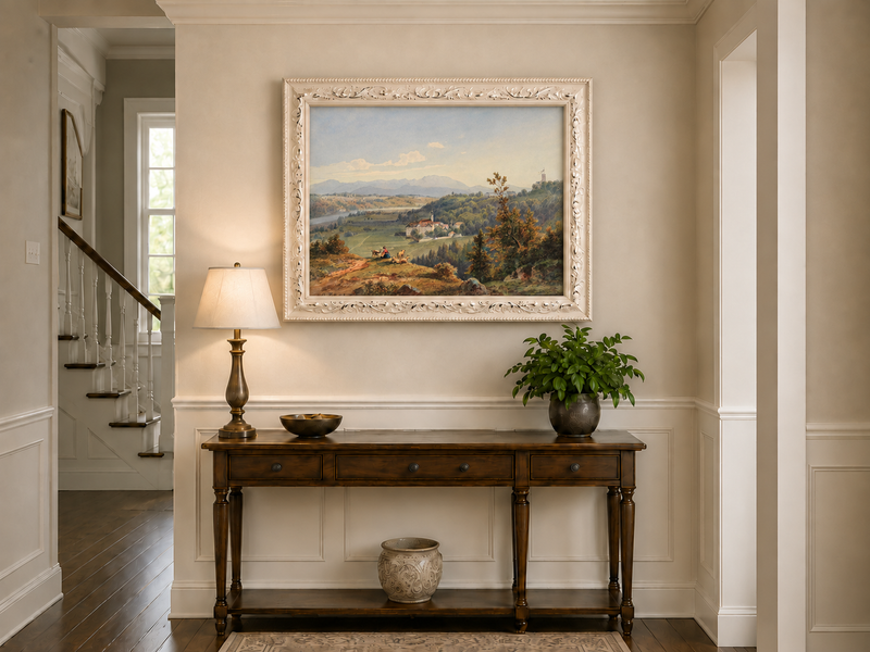 Hand-painted Pastoral Valley Monastery Mountain View landscape oil painting displayed as wall art in a styled interior