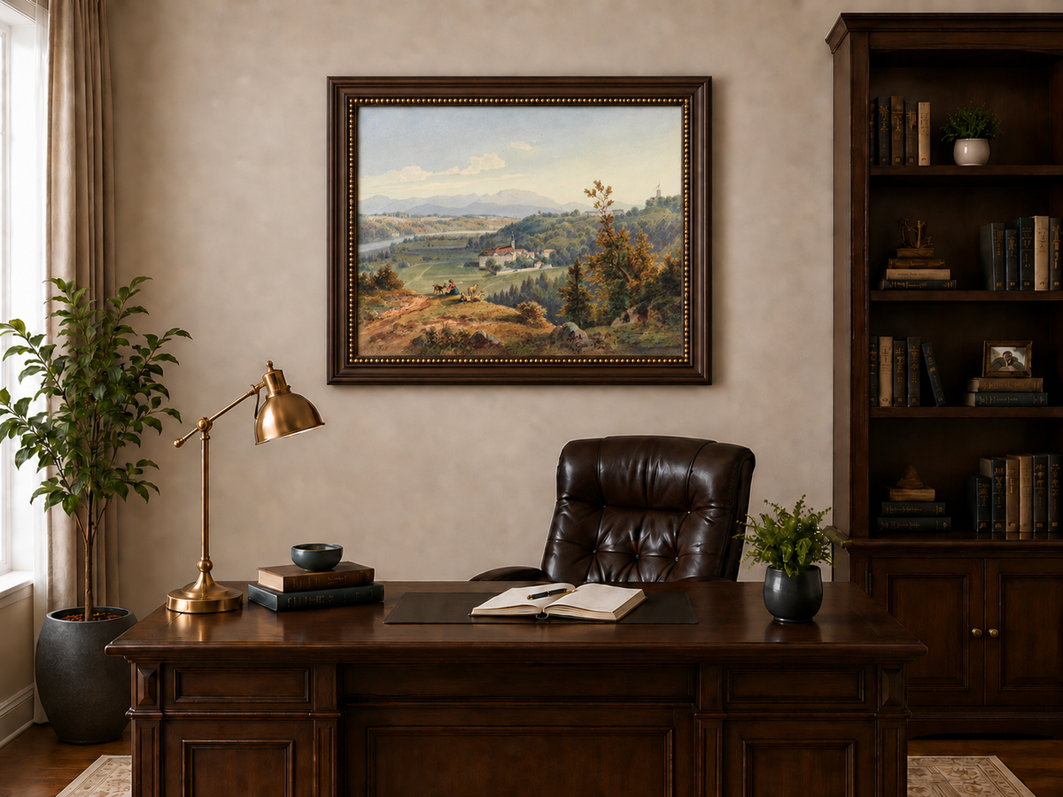 Hand-painted Pastoral Valley Monastery Mountain View landscape oil painting displayed as wall art in a styled interior
