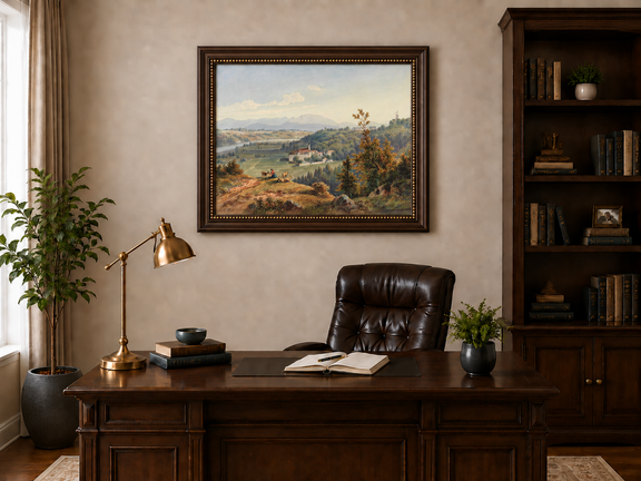 Hand-painted Pastoral Valley Monastery Mountain View landscape oil painting displayed as wall art in a styled interior