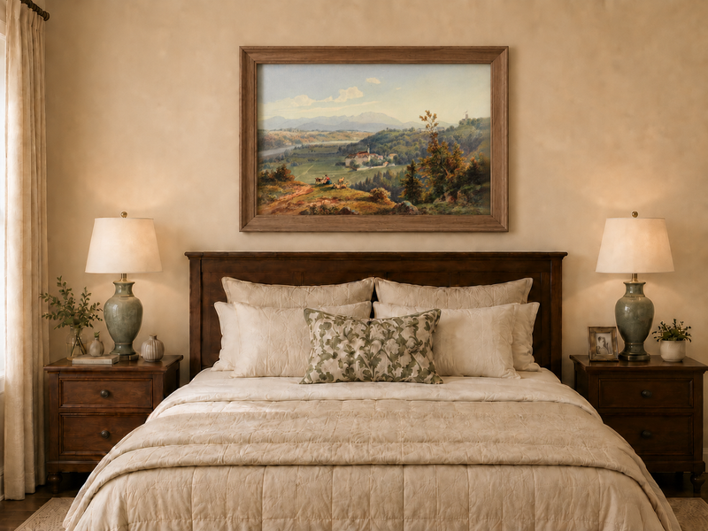 Hand-painted Pastoral Valley Monastery Mountain View landscape oil painting displayed as wall art in a styled interior