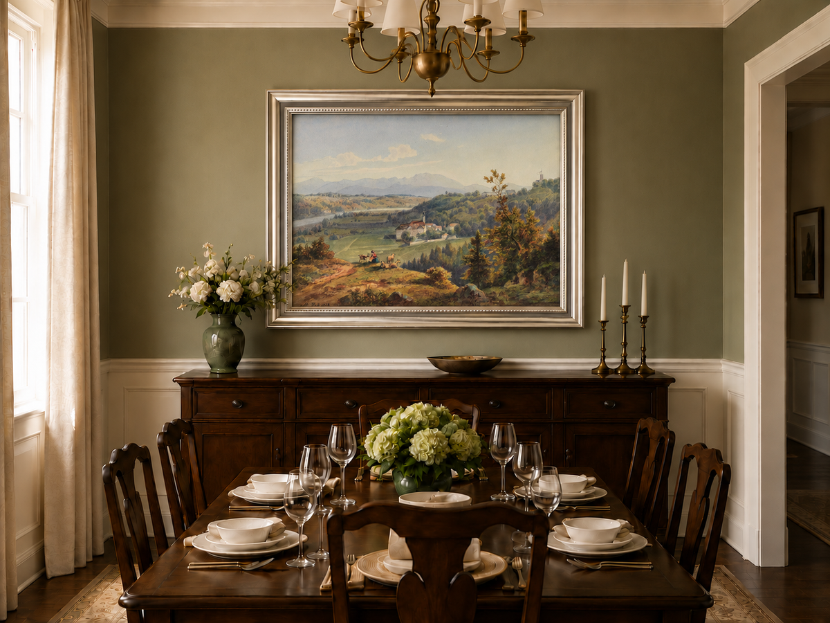 Hand-painted Pastoral Valley Monastery Mountain View landscape oil painting displayed as wall art in a styled interior
