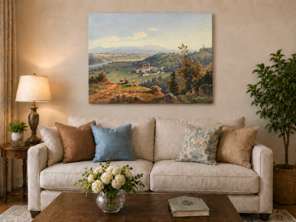 Hand-painted Pastoral Valley Monastery Mountain View landscape oil painting displayed as wall art in a styled interior