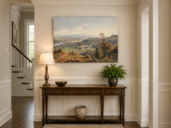 Hand-painted Pastoral Valley Monastery Mountain View landscape oil painting displayed as wall art in a styled interior