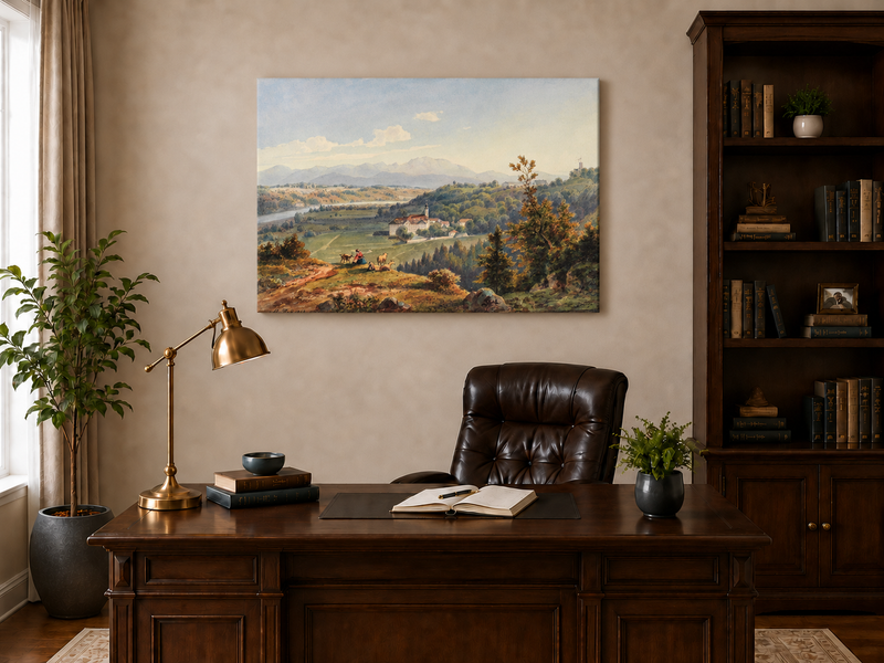 Hand-painted Pastoral Valley Monastery Mountain View landscape oil painting displayed as wall art in a styled interior
