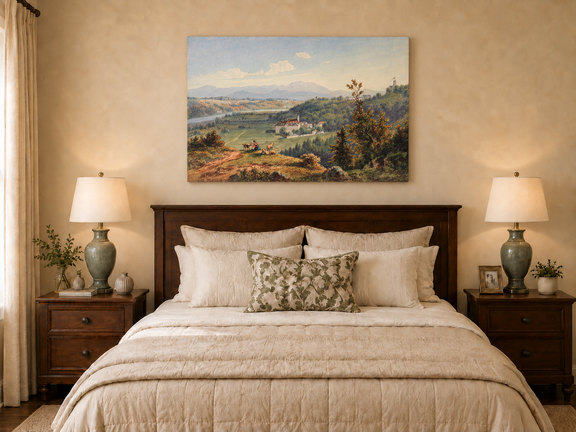 Hand-painted Pastoral Valley Monastery Mountain View landscape oil painting displayed as wall art in a styled interior