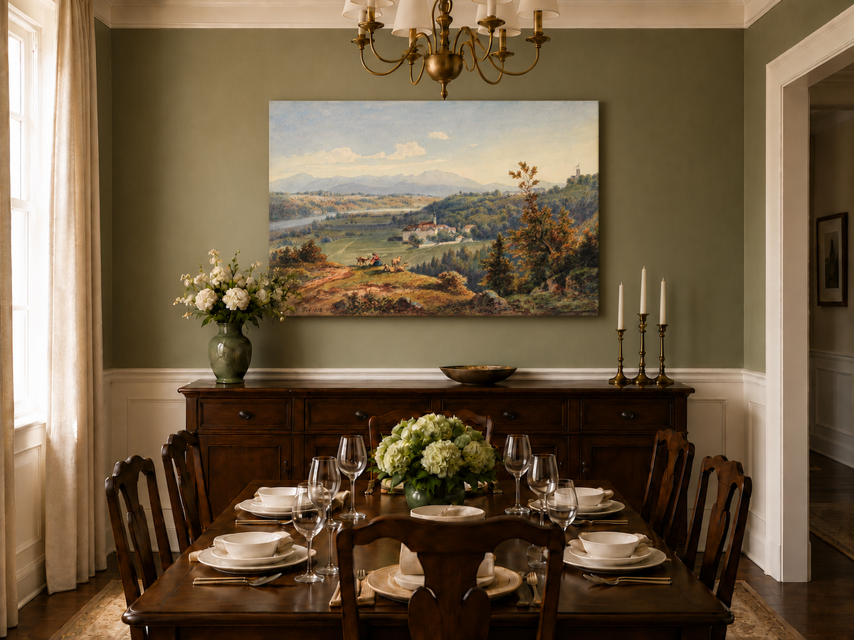 Hand-painted Pastoral Valley Monastery Mountain View landscape oil painting displayed as wall art in a styled interior