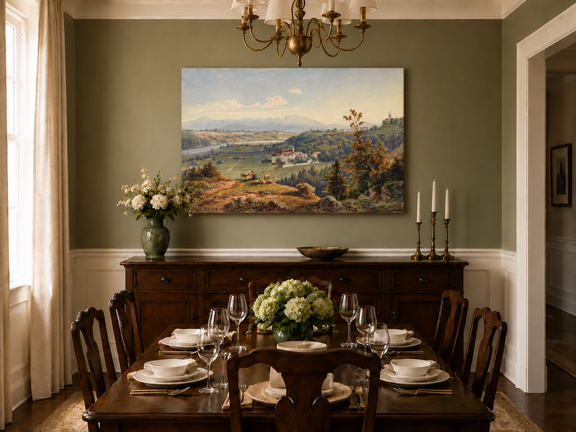 Hand-painted Pastoral Valley Monastery Mountain View landscape oil painting displayed as wall art in a styled interior
