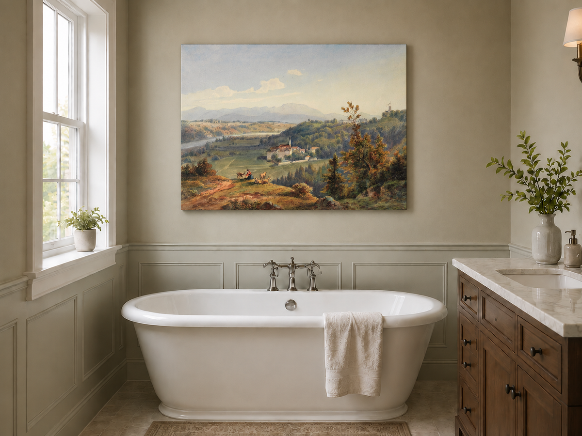 Hand-painted Pastoral Valley Monastery Mountain View landscape oil painting displayed as wall art in a styled interior
