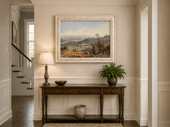 Hand-painted Pastoral Valley Monastery Mountain View landscape oil painting displayed as wall art in a styled interior
