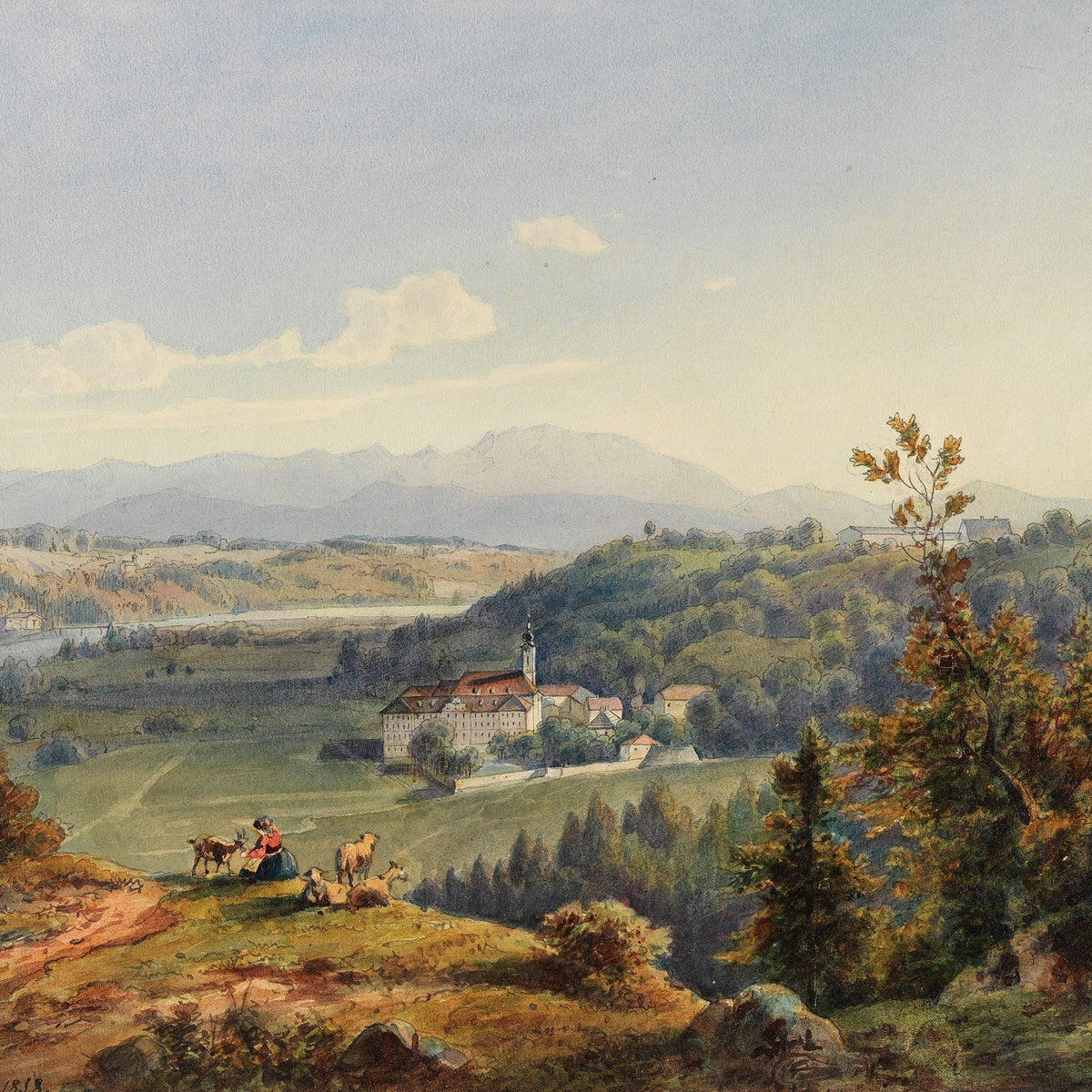 Hand-painted pastoral valley monastery mountain view landscape oil painting on canvas