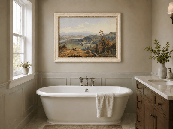 Hand-painted Pastoral Valley Monastery Mountain View landscape oil painting displayed as wall art in a styled interior