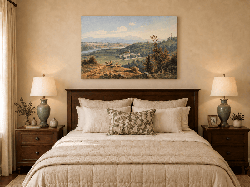 Hand-painted Pastoral Valley Monastery Mountain View landscape oil painting displayed as wall art in a styled interior