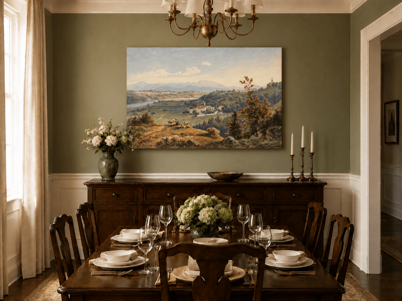 Hand-painted Pastoral Valley Monastery Mountain View landscape oil painting displayed as wall art in a styled interior