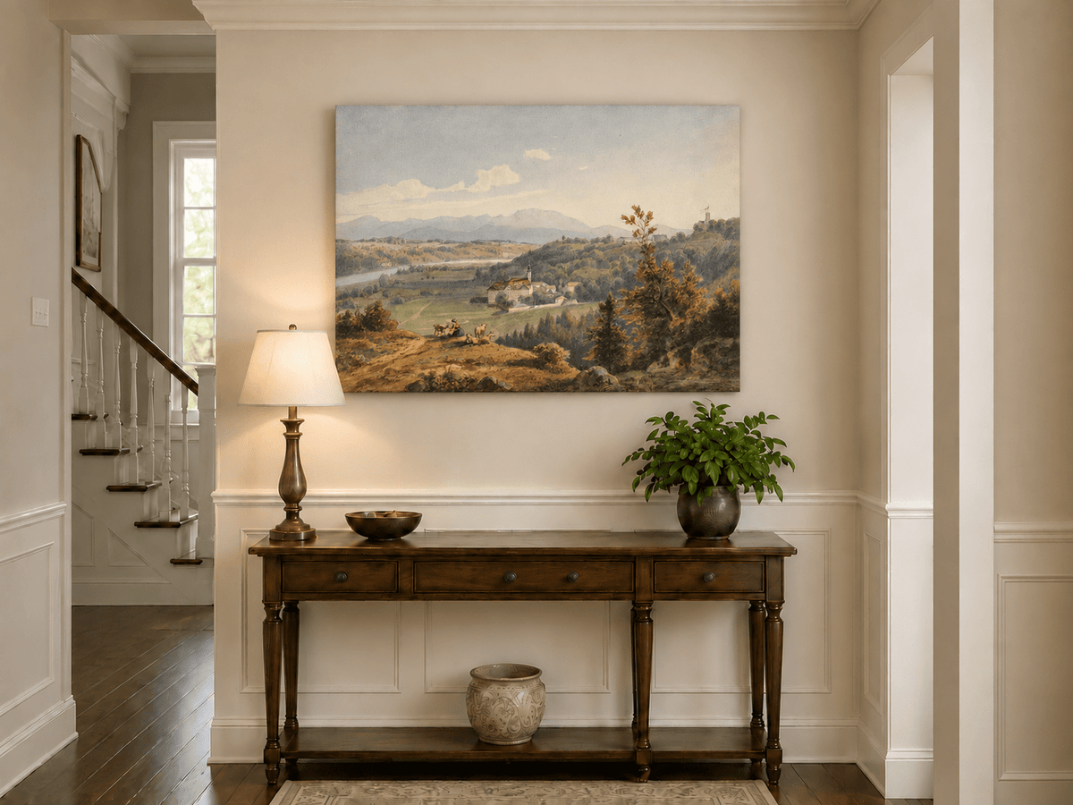 Hand-painted Pastoral Valley Monastery Mountain View landscape oil painting displayed as wall art in a styled interior