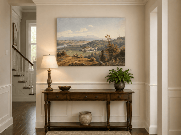Hand-painted Pastoral Valley Monastery Mountain View landscape oil painting displayed as wall art in a styled interior