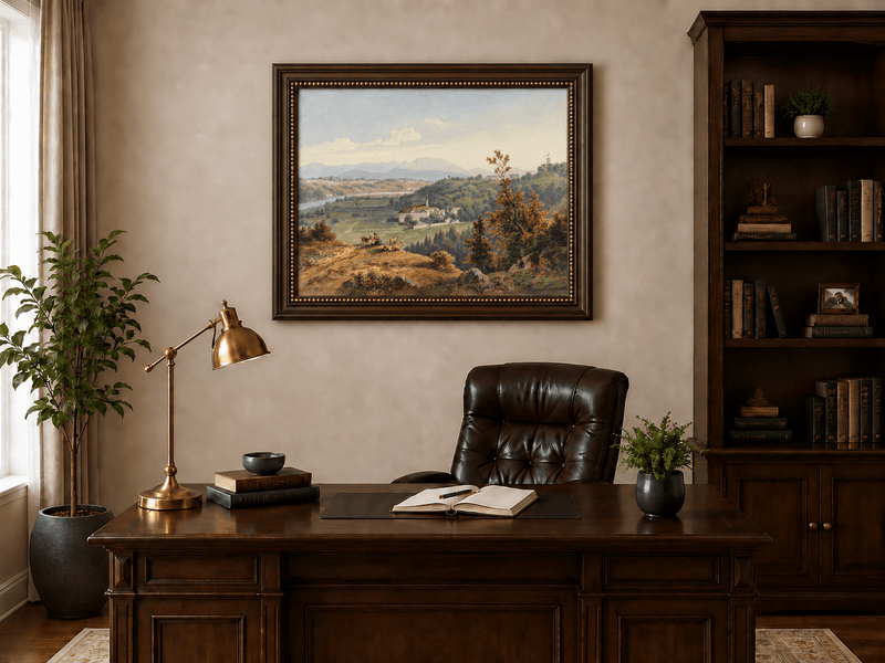 Hand-painted Pastoral Valley Monastery Mountain View landscape oil painting displayed as wall art in a styled interior