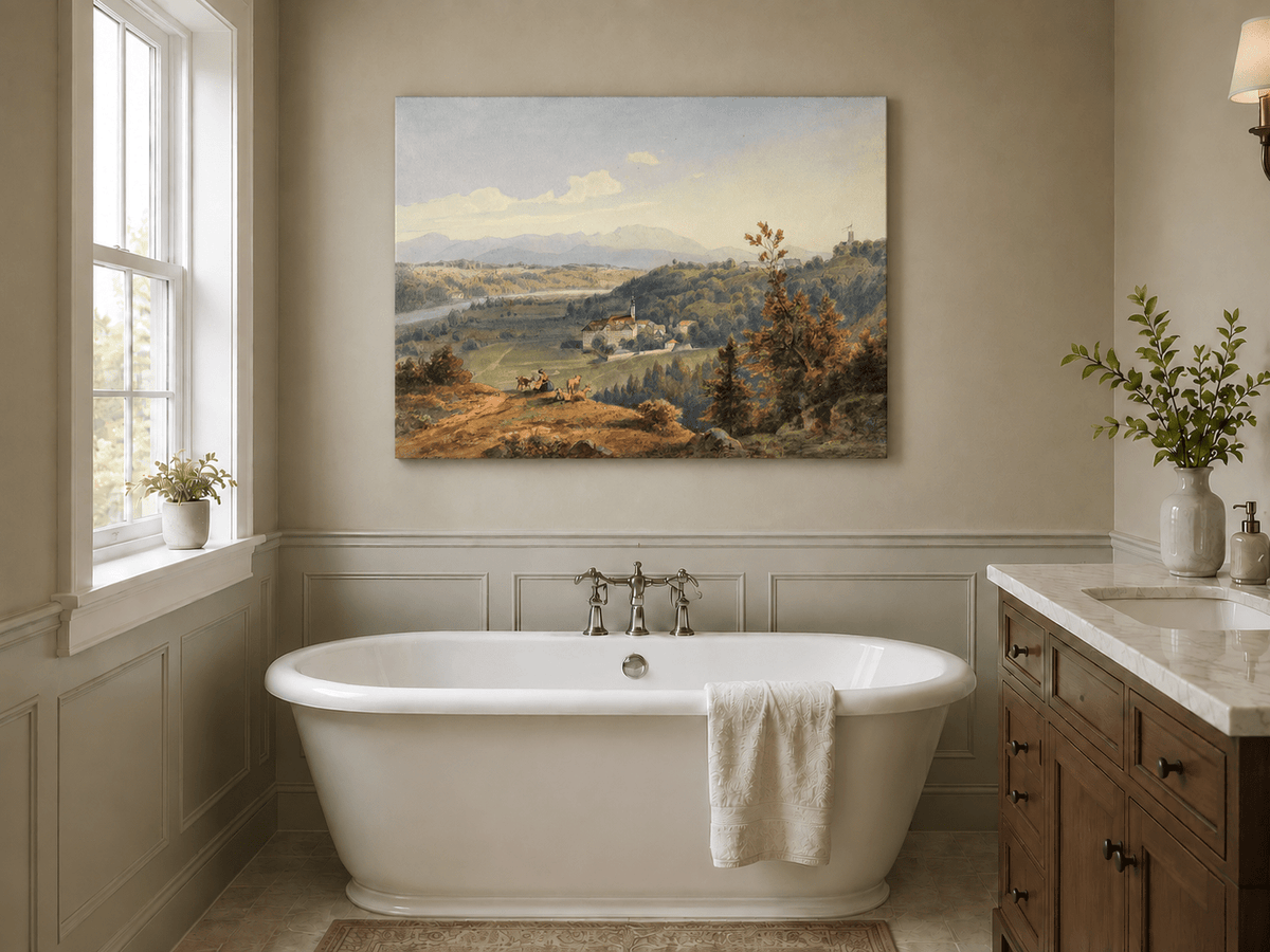 Hand-painted Pastoral Valley Monastery Mountain View landscape oil painting displayed as wall art in a styled interior