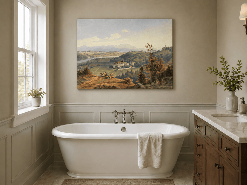 Hand-painted Pastoral Valley Monastery Mountain View landscape oil painting displayed as wall art in a styled interior