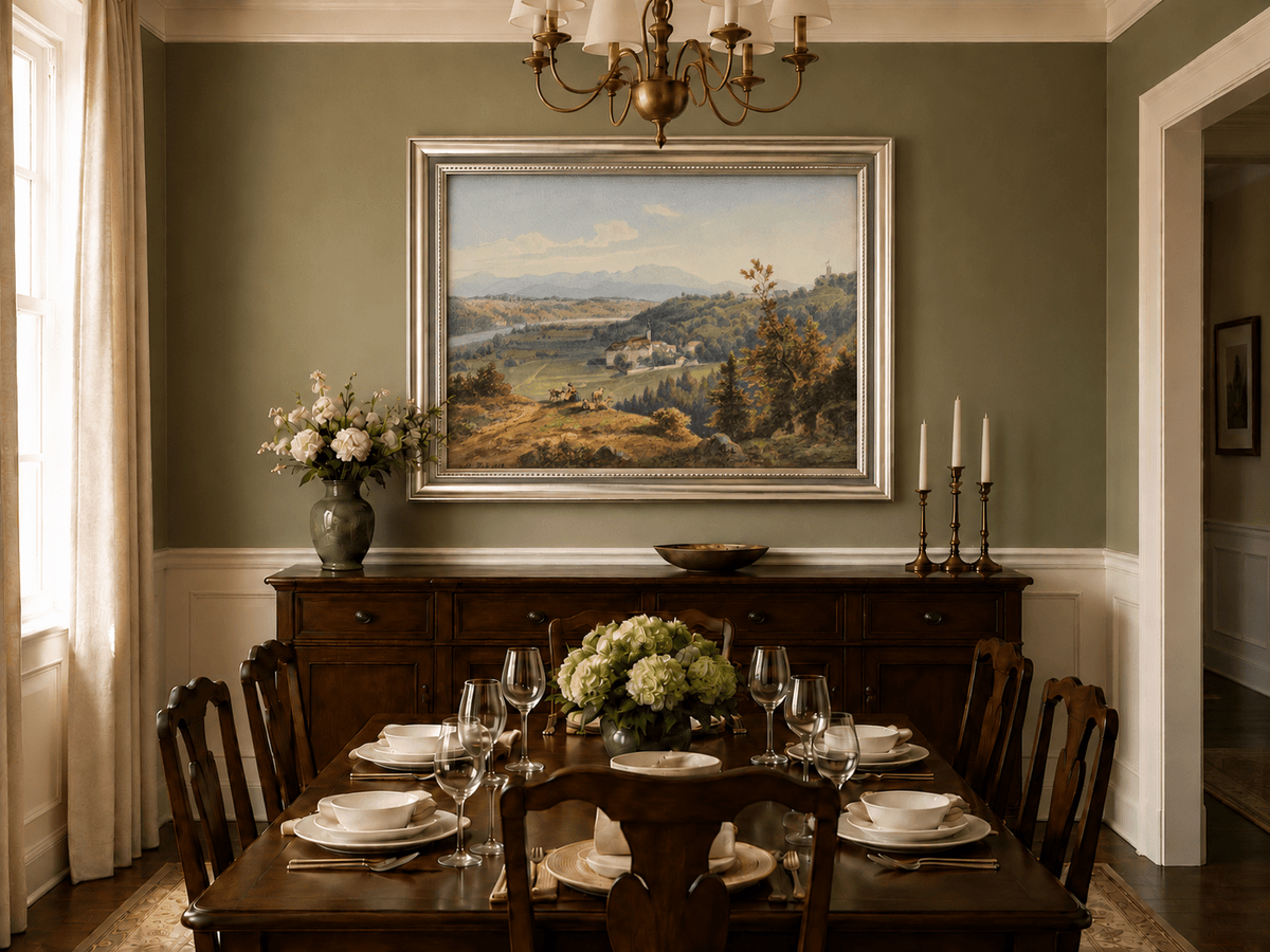 Hand-painted Pastoral Valley Monastery Mountain View landscape oil painting displayed as wall art in a styled interior
