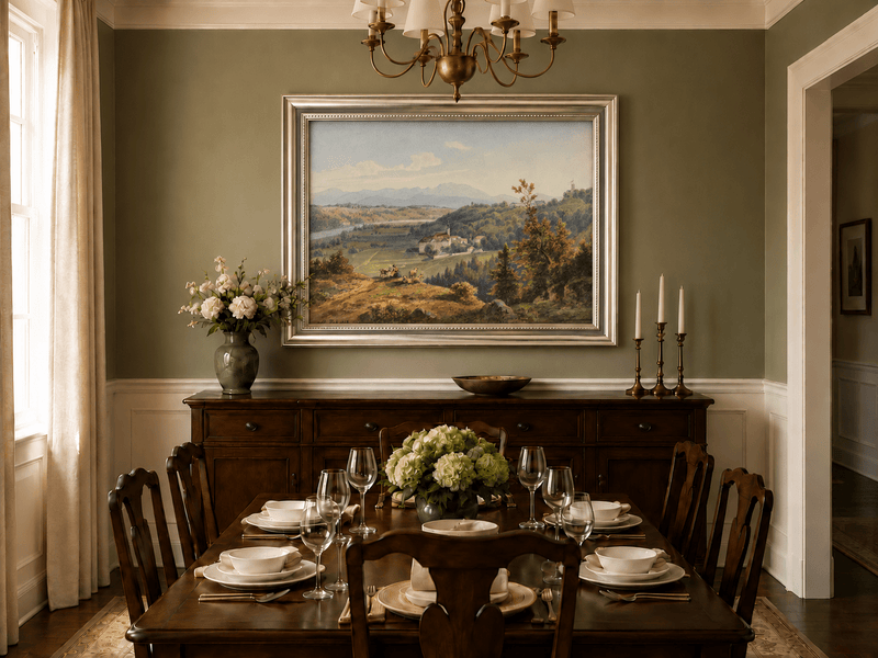 Hand-painted Pastoral Valley Monastery Mountain View landscape oil painting displayed as wall art in a styled interior