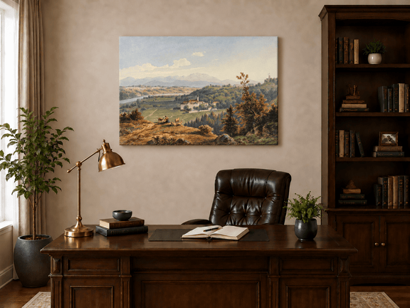 Hand-painted Pastoral Valley Monastery Mountain View landscape oil painting displayed as wall art in a styled interior
