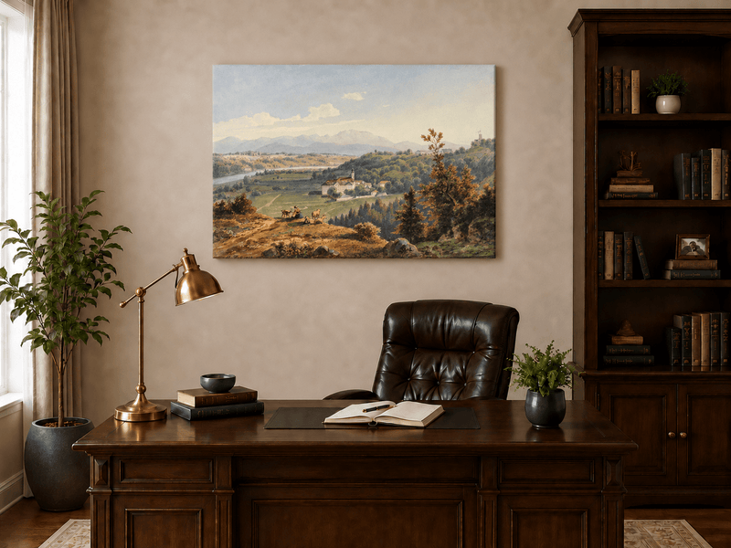 Hand-painted Pastoral Valley Monastery Mountain View landscape oil painting displayed as wall art in a styled interior