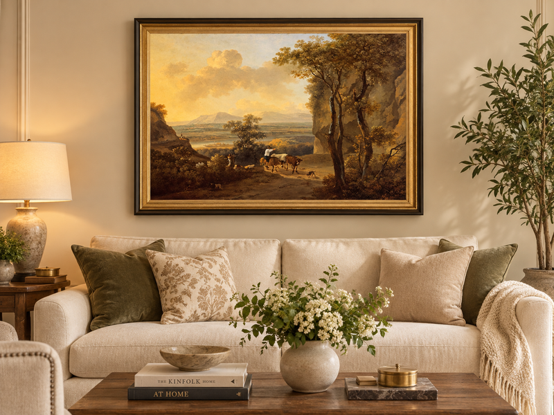 Hand-painted Pastoral Valley Path with Cattle landscape oil painting displayed as wall art in a styled interior