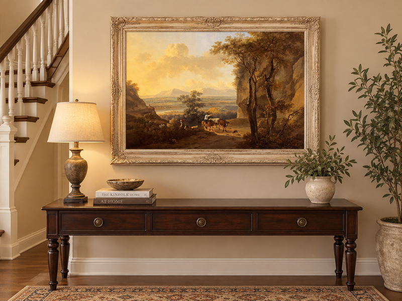 Hand-painted Pastoral Valley Path with Cattle landscape oil painting displayed as wall art in a styled interior