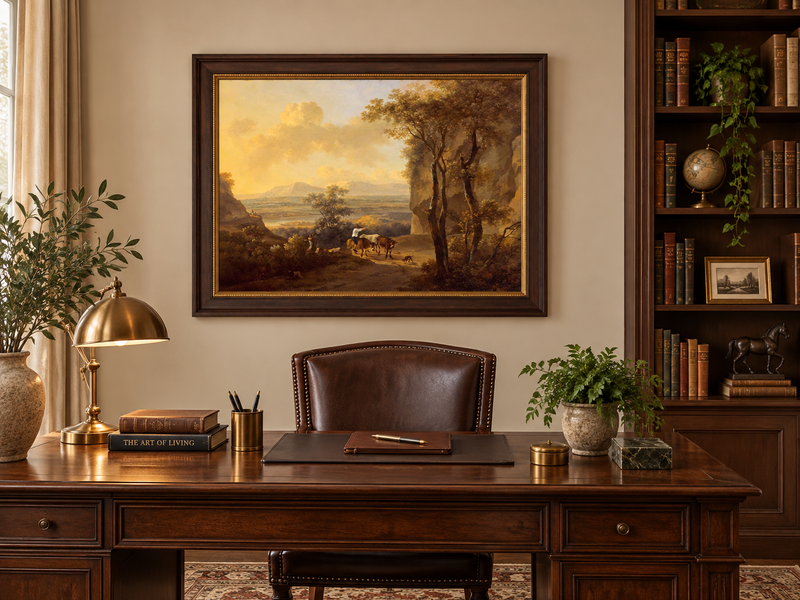 Hand-painted Pastoral Valley Path with Cattle landscape oil painting displayed as wall art in a styled interior