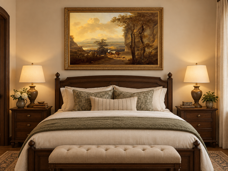 Hand-painted Pastoral Valley Path with Cattle landscape oil painting displayed as wall art in a styled interior