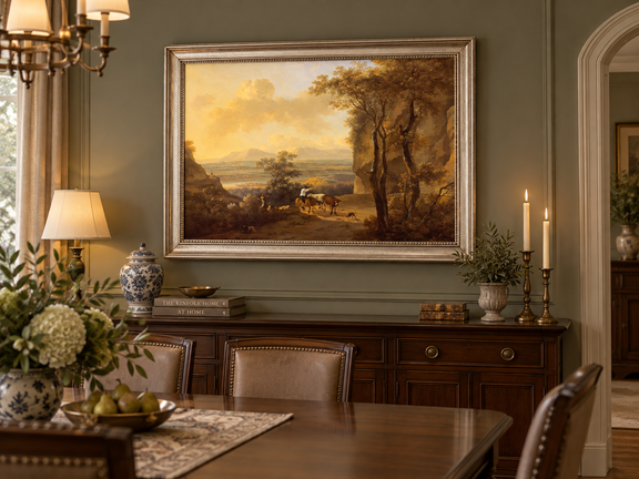 Hand-painted Pastoral Valley Path with Cattle landscape oil painting displayed as wall art in a styled interior